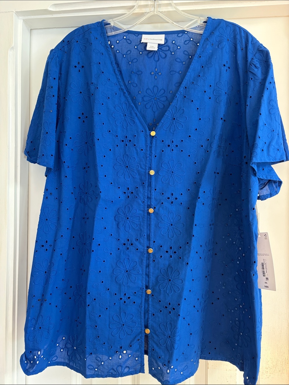 Liz Claiborne Cobalt Blue Eyelet Button-Front Blouse